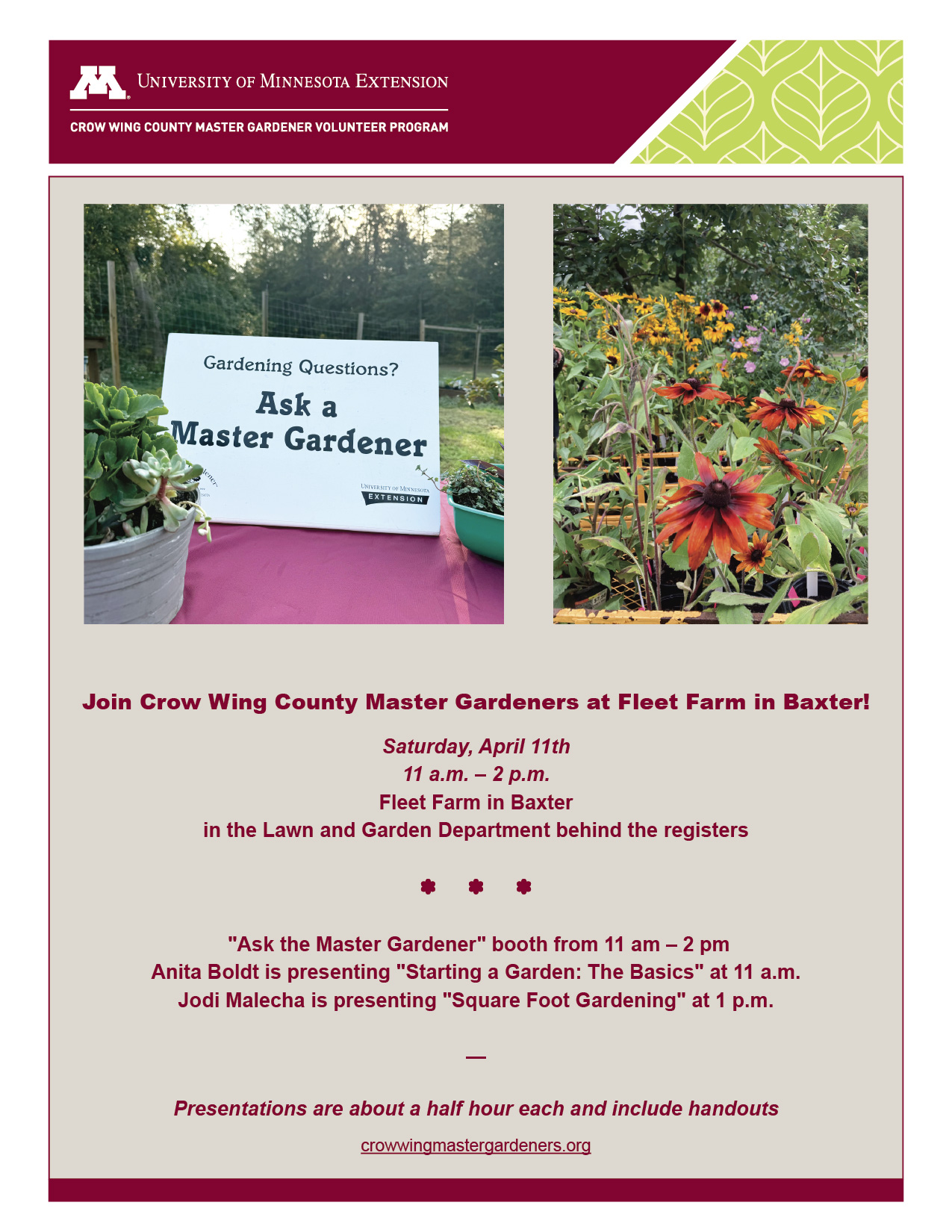 Join Crow Wing County Master Cardeners at Fleet Farm in Baxter!